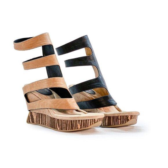 MODZORI Corona 2-in-1 Wedge Reversible Gladiator Sandals Black Beige Leather 7 - Picture 1 of 5